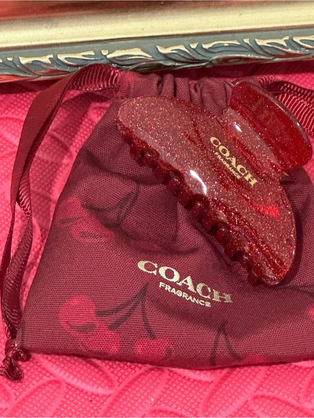 COACH Red Glitter Hair Claw Clip with Gold Logo